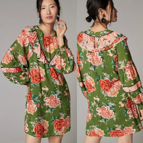 FARM Rio Dresses & Skirts - Farm Rio x Anthropologie Elinor Tunic Dress Long Sleeve in Green Floral Size M